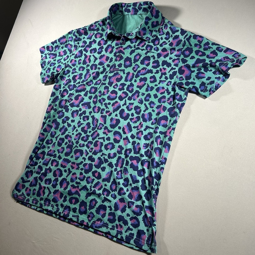 Retro Rifle Mens Polo Large Leopard Teal Pink Guns Golf Performance Stretch